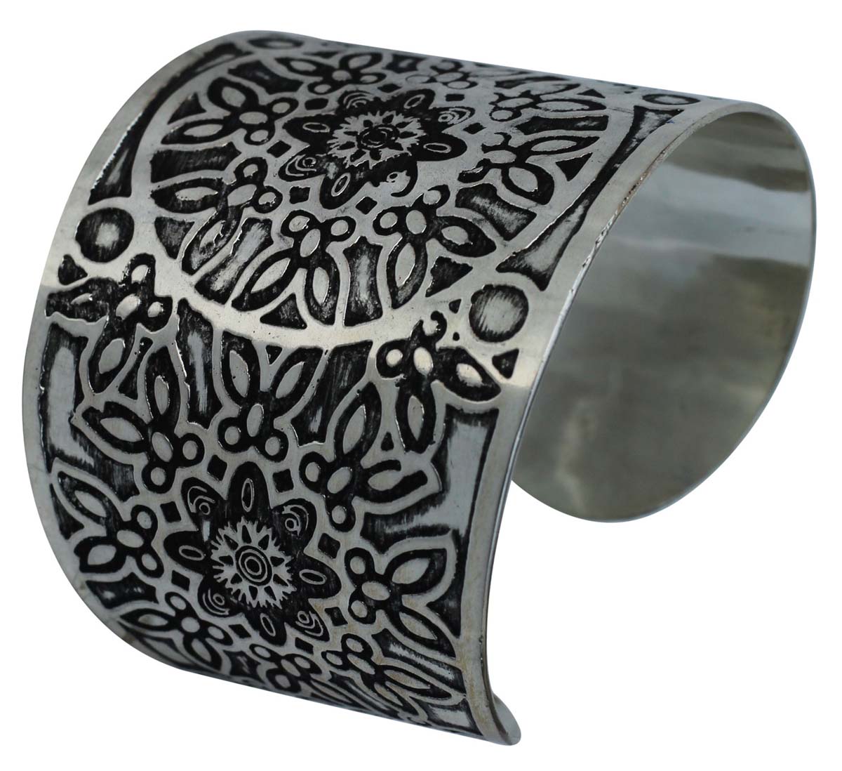Wholesale Bracelets from India – Antique-Look Cuff Bracelet – Cast in Brass – Nickel Plated & Black Shading – Floral & Abstract Pattern – Bracelets in Bulk